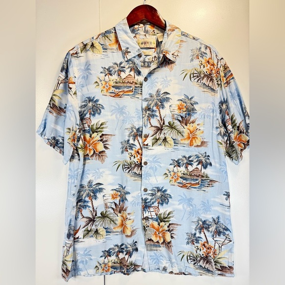 Campia Moda Men's Hawaiian Button Shirt L 100% Rayón All Over Boats Palm Trees - Picture 5 of 8